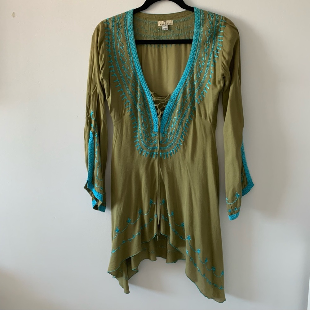 Chach olive green & blue embroidered long open sleeve tunic top shirt size small